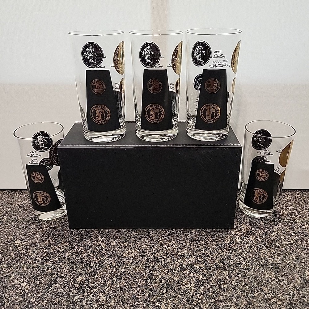 VINTAGE Cera Barware MCM Tumbler Glasses Black‎ Gold American Coin Set of 5 12oz